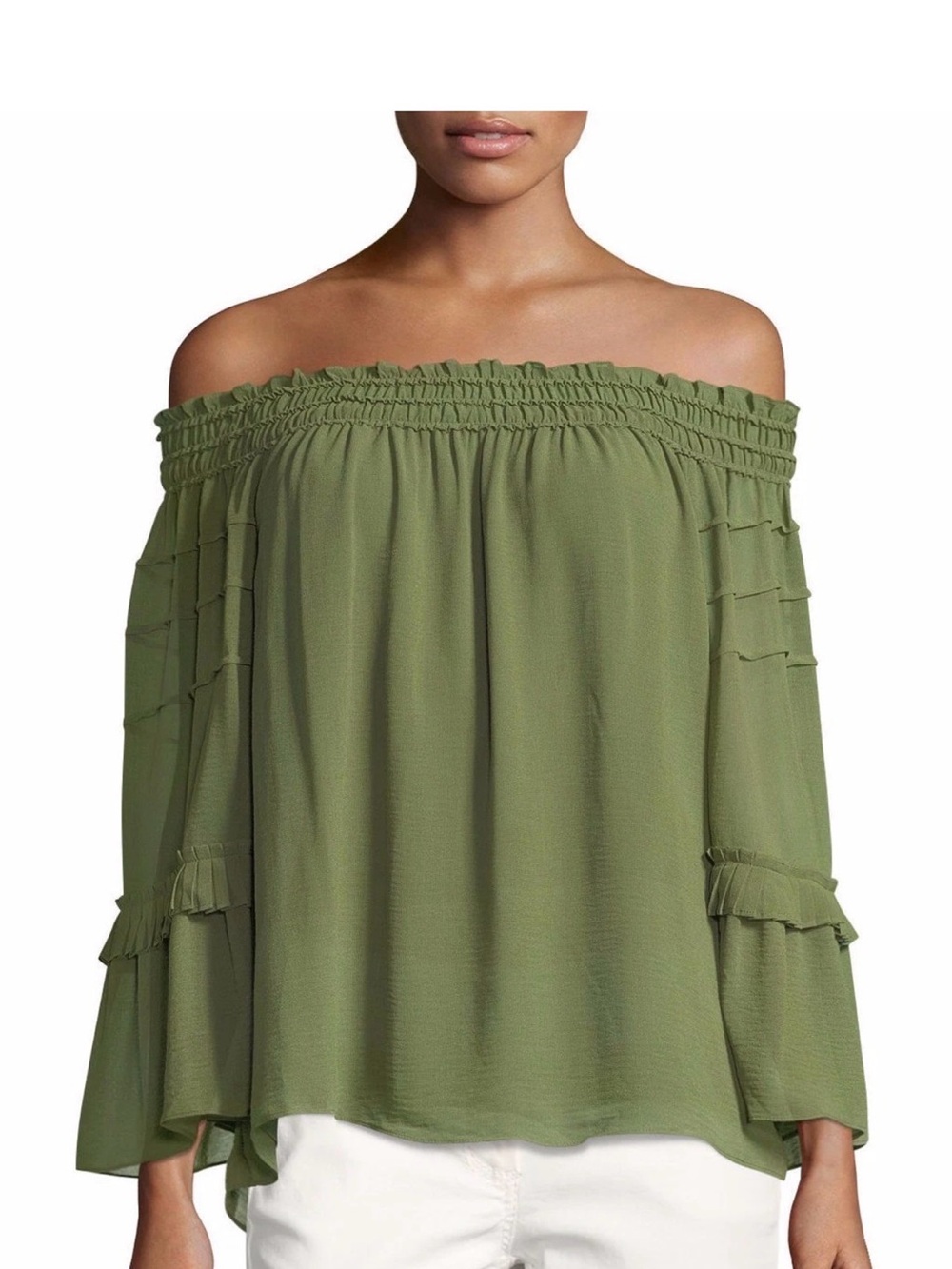 Max Studio Cypress Green Peasant Blouse with Ruffle Trim